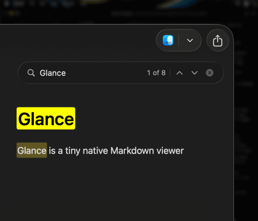 Find bar in Glance highlighting eight matches in a document