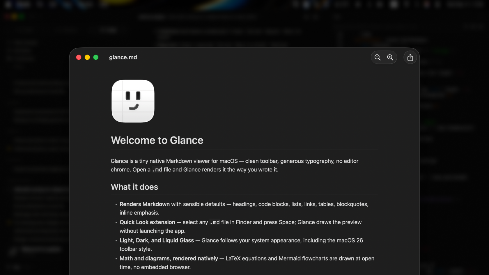 A Markdown file open in Glance, rendered with headings and lists