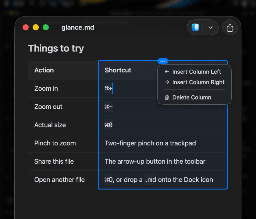 Column menu open on a markdown table inside Glance